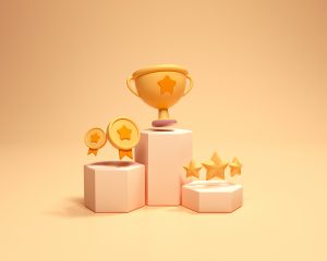 Winners,Podium,With,Cups,,Gold,Winners,,And,Gold,Stars.,First